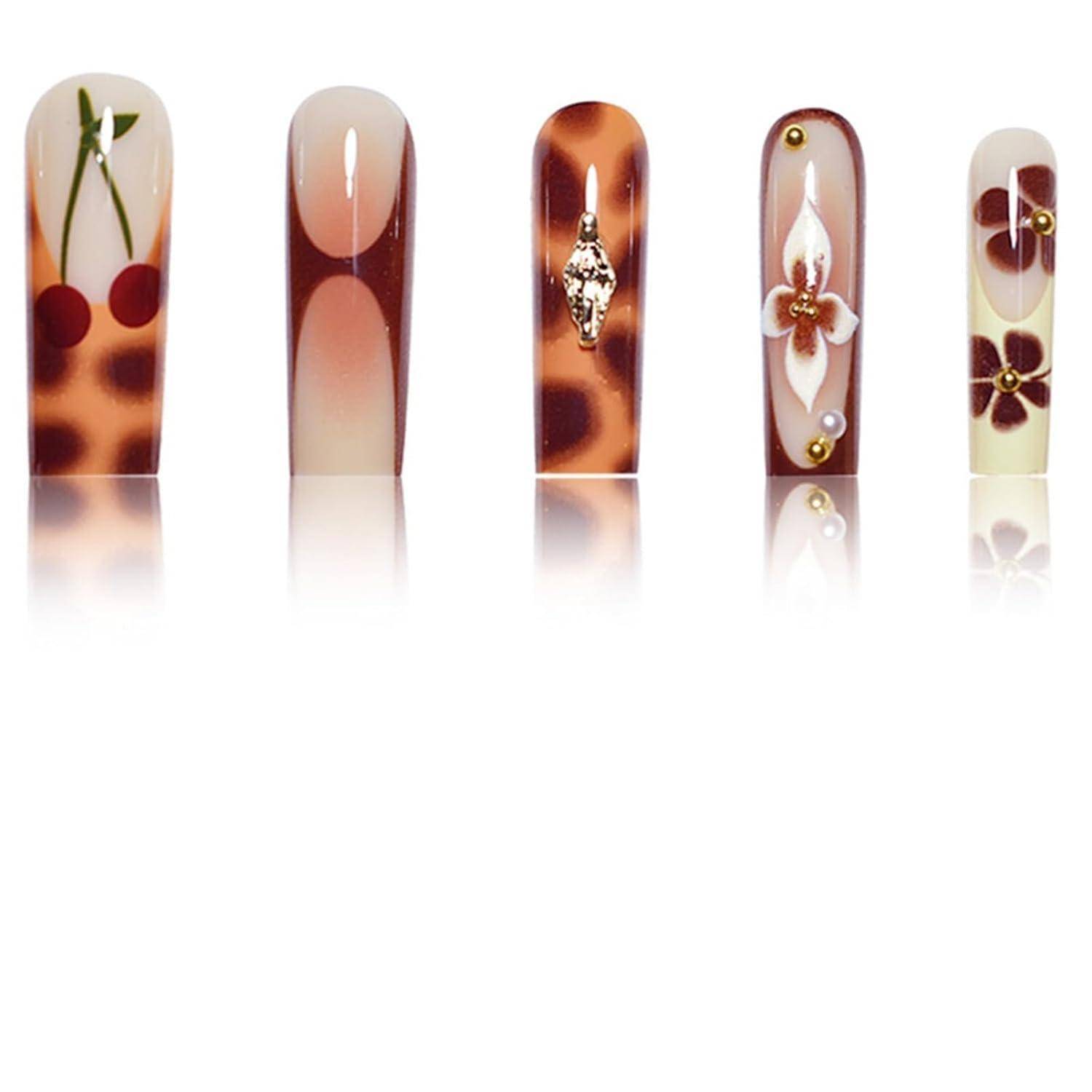 Press on Nagel 24er quadratisch braun Blumen 3D Gold wiederverwendbar