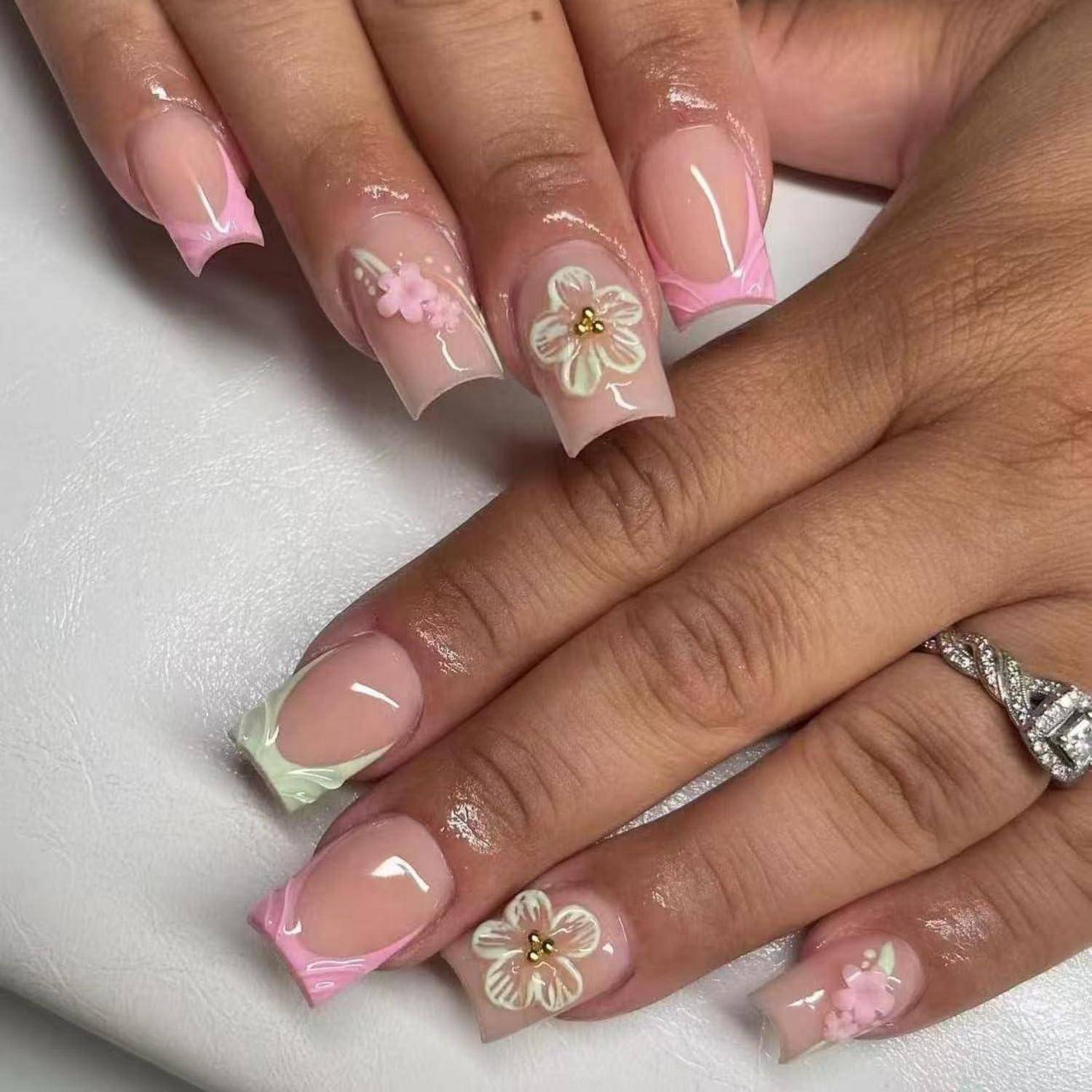 Press on Nails Square Grün Rosa French 3D Blumen FC-C4