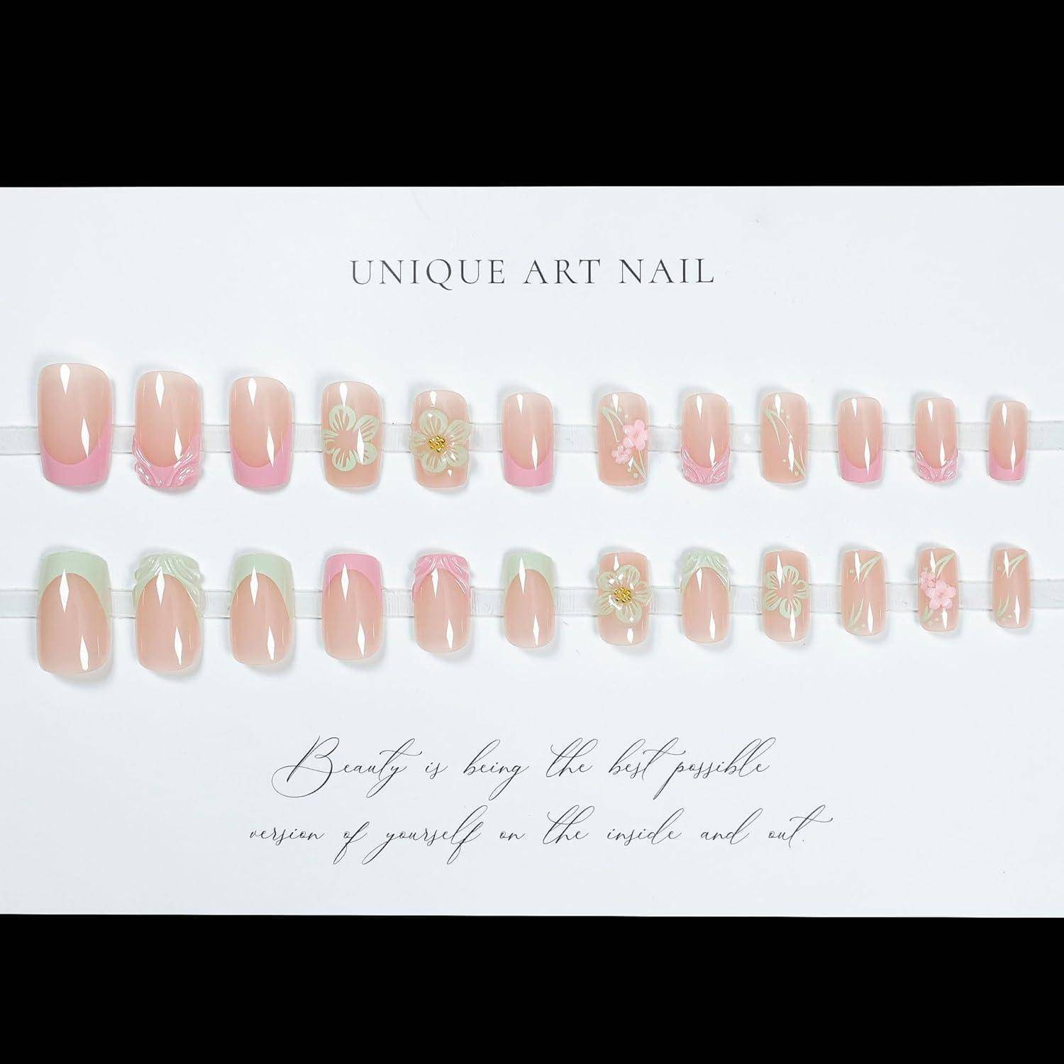 Press on Nails Square Grün Rosa French 3D Blumen FC-C4