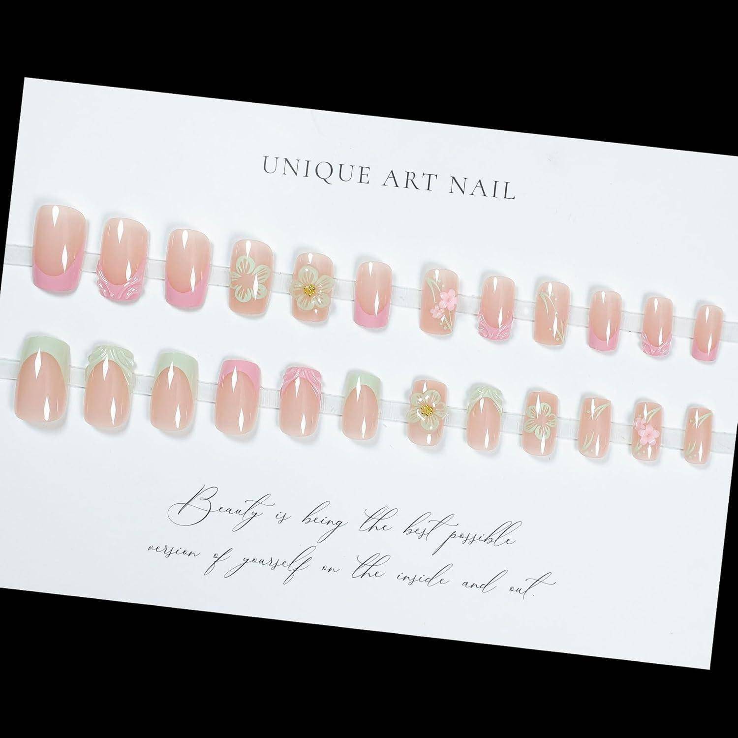 Press on Nails Square Grün Rosa French 3D Blumen FC-C4