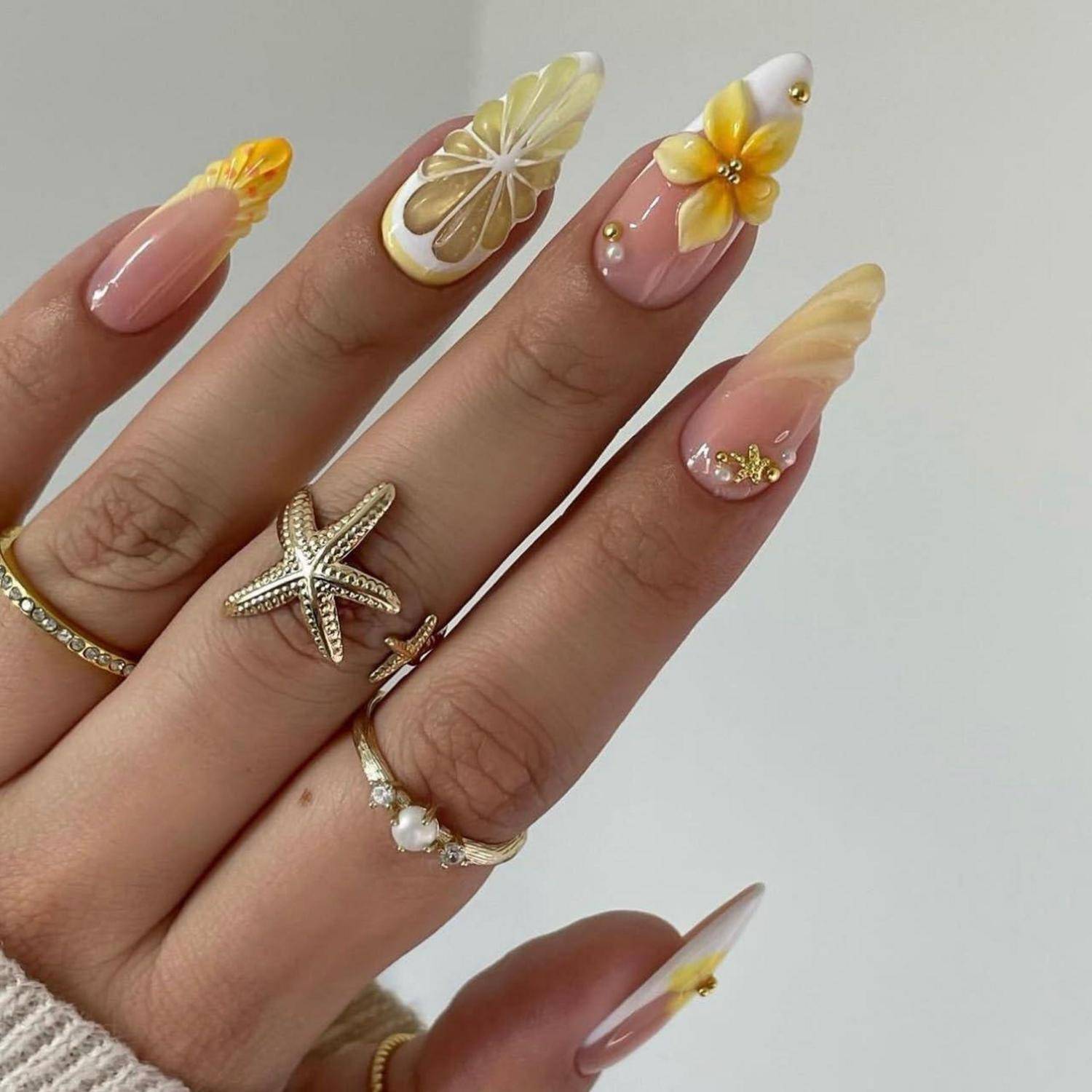 Künstliche Fingernägel Press on Almond French 3D Blumen FC-D22