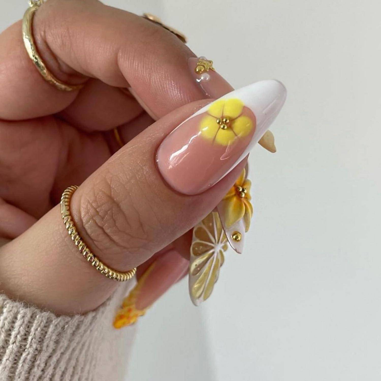 Künstliche Fingernägel Press on Almond French 3D Blumen FC-D22