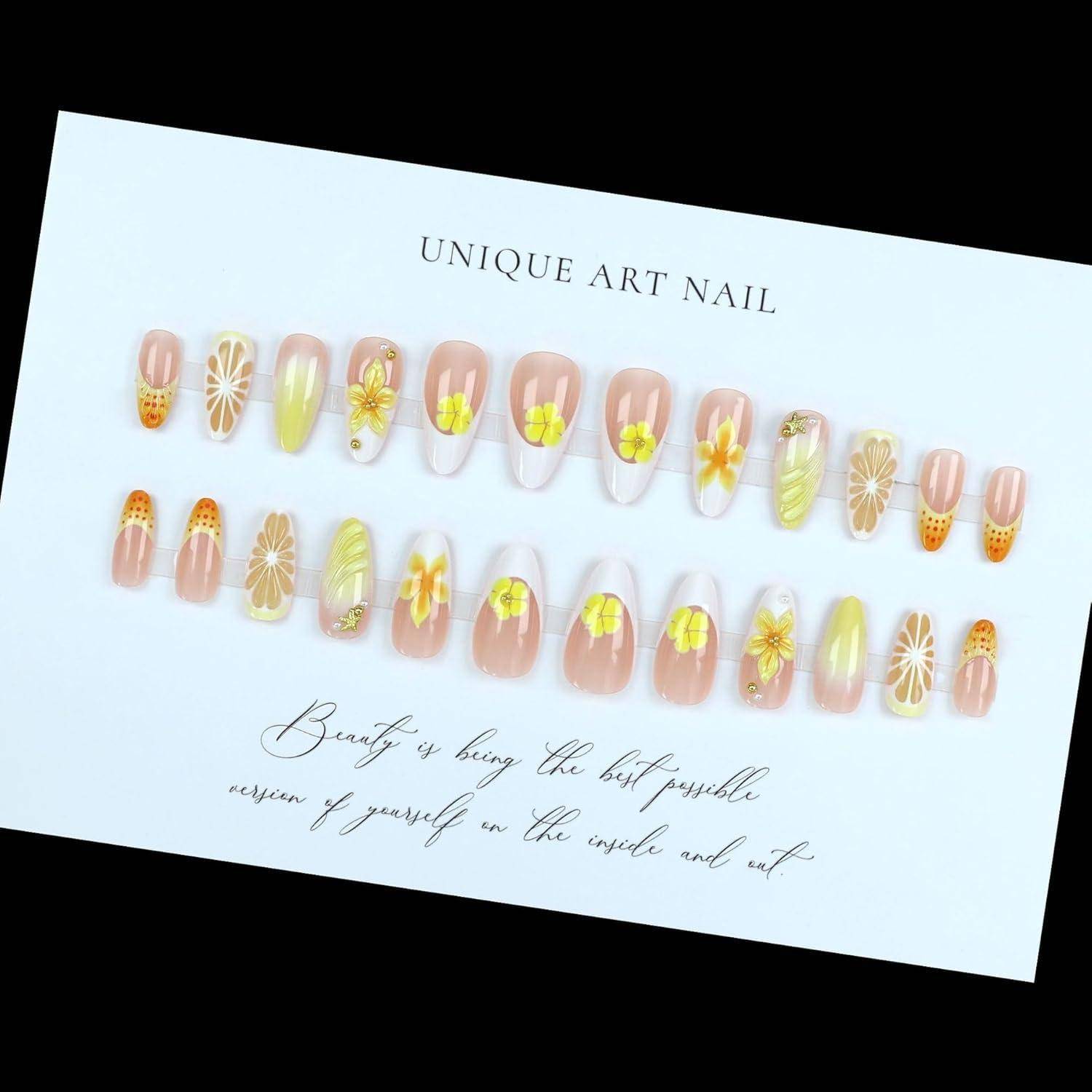 Künstliche Fingernägel Press on Almond French 3D Blumen FC-D22
