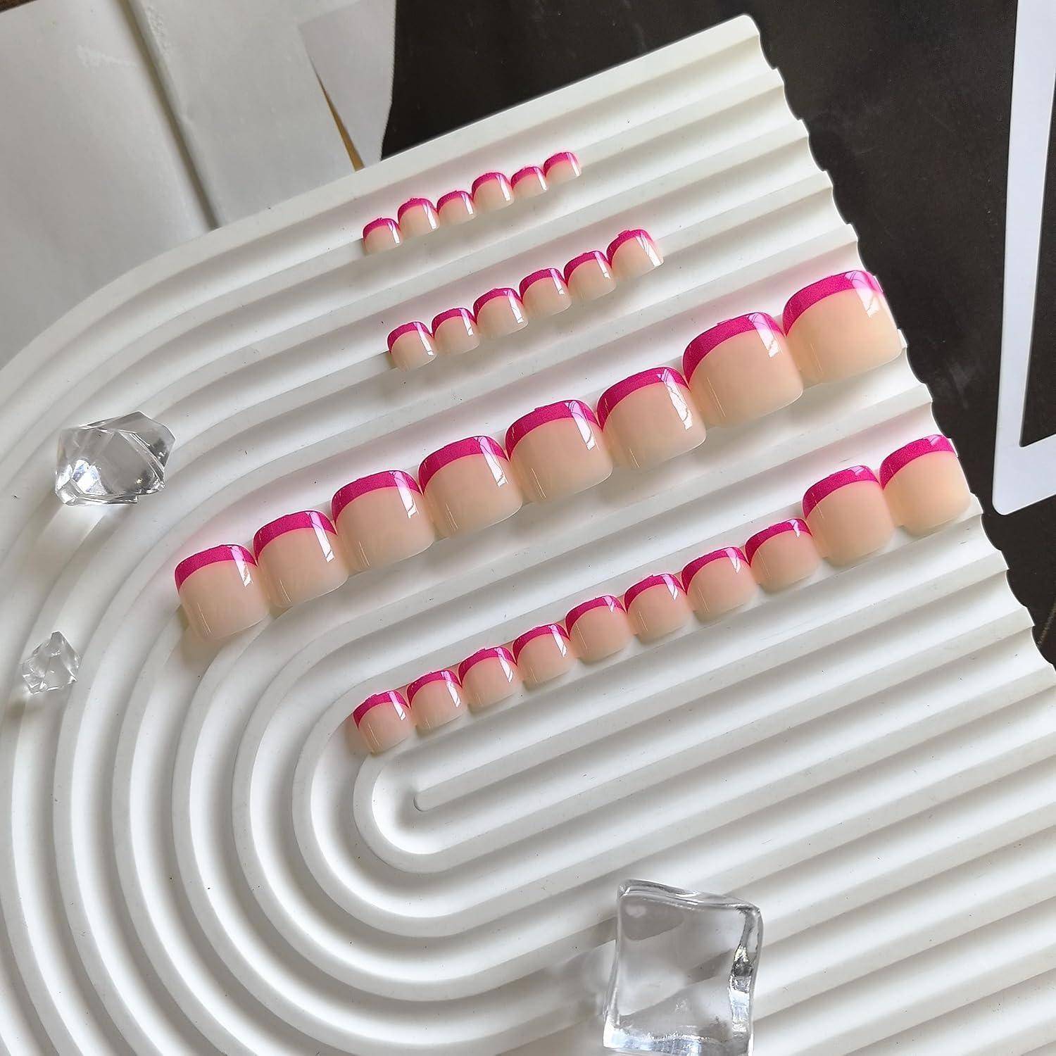 Zehennägel Acryl Press On Quadratisch Nude 30 Stück French Heiß Rosa