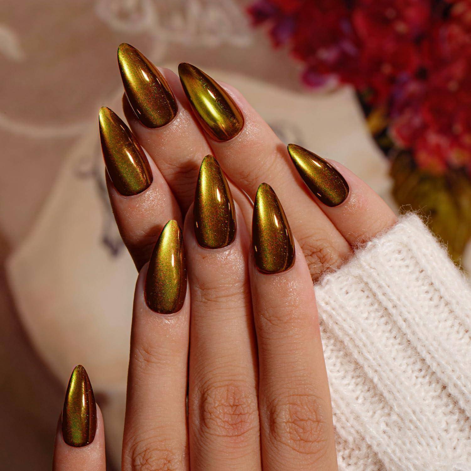 Fingernägel Press On Cat Eye Glitzer Kleber Mandel Acryl Schwarz Gold
