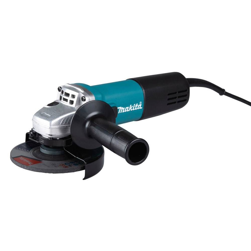 Makita Elektro-Winkelschleifer mit Seitengriff und Schneidescheibe auf weißem Hintergrund.