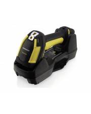 Ein schwarzes und gelbes Handgerät, das einem drahtlosen Scanner oder Gerät ähnelt, liegt auf einer Ladestation und trägt den Markennamen 'Datalogic'.