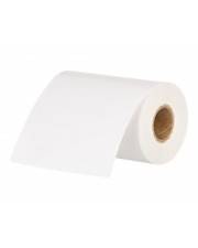 Eine Rolle weißes Papier, teilweise aufgerollt, mit einem Pappkern, isoliert auf weißem Hintergrund.