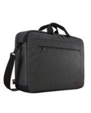 Eine dunkelgraue Laptoptasche mit Schultergurt und Tragegriffen, mit einer Reißverschlusstasche an der Vorderseite.