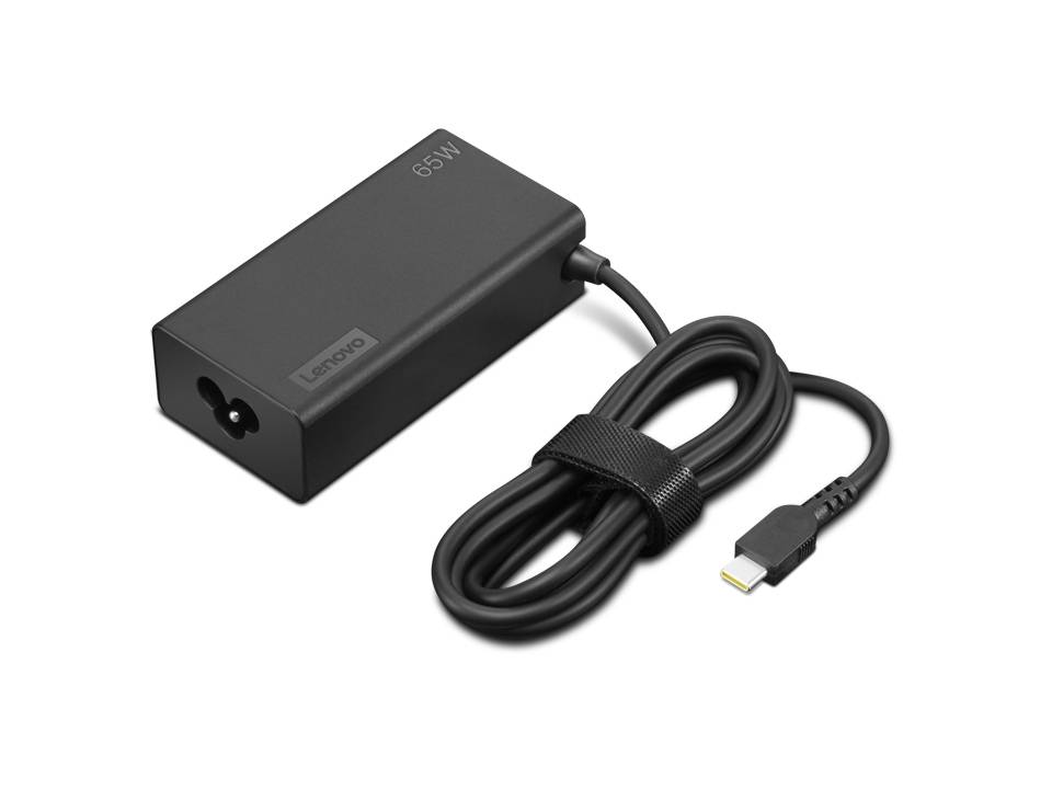 Schwarzer 65W Lenovo Laptop-Netzteil mit angeschlossenem Ladekabel und USB-C-Anschluss