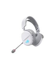 Weißes Over-Ear-Gaming-Headset mit Boom-Mikrofon auf weißem Hintergrund.