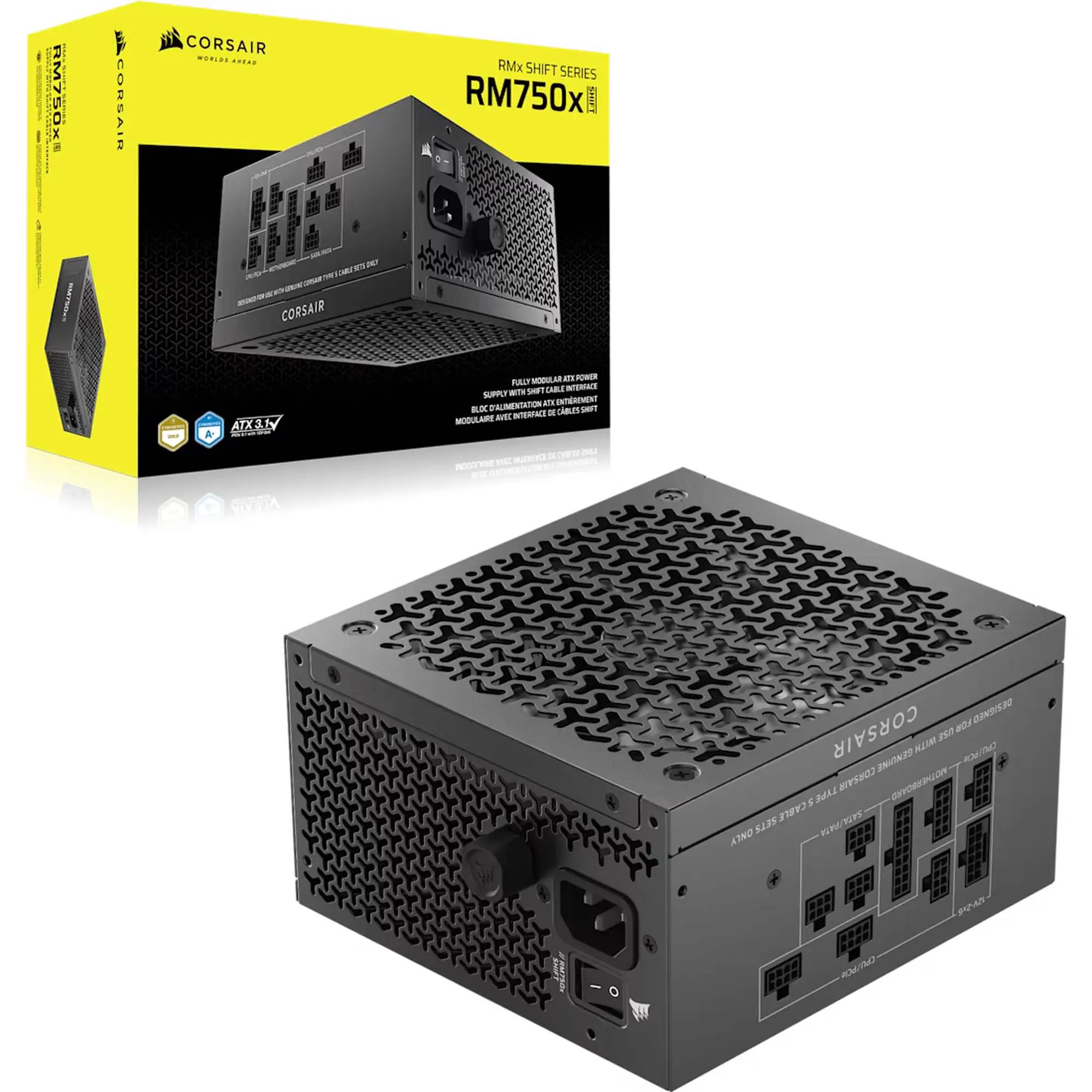 Corsair RM750X Netzteil mit modularen Kabeln in einem schwarzen, belüfteten Design. Verpackungskarton im Hintergrund dargestellt.