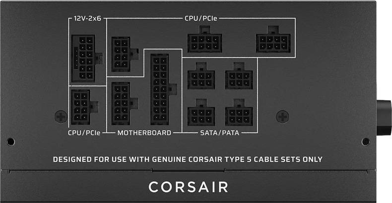 Corsair modulares Netzteil-Bedienfeld mit gekennzeichneten Kabelanschlüssen für 12V-2x6, CPU/PCIe, Motherboard und SATA/PATA, mit einer Warnung, dass es nur für echte Corsair Typ 5-Kabelsätze ausgelegt ist.