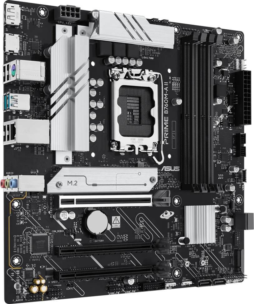 Ein schwarzes ASUS Prime B760M-A II Motherboard mit verschiedenen Steckplätzen und Anschlüssen, das die CPU-Fassung, RAM-Steckplätze und M.2-Platzierung hervorhebt.