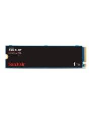 SanDisk SSD PLUS M.2 NVMe 1TB Laufwerk auf weißem Hintergrund; Text liest sich „SanDisk