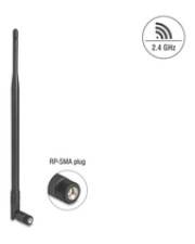 Eine schwarze WLAN-Antenne mit einem RP-SMA-Stecker, beschriftet mit '2,4 GHz', die die Frequenzkompatibilität anzeigt.