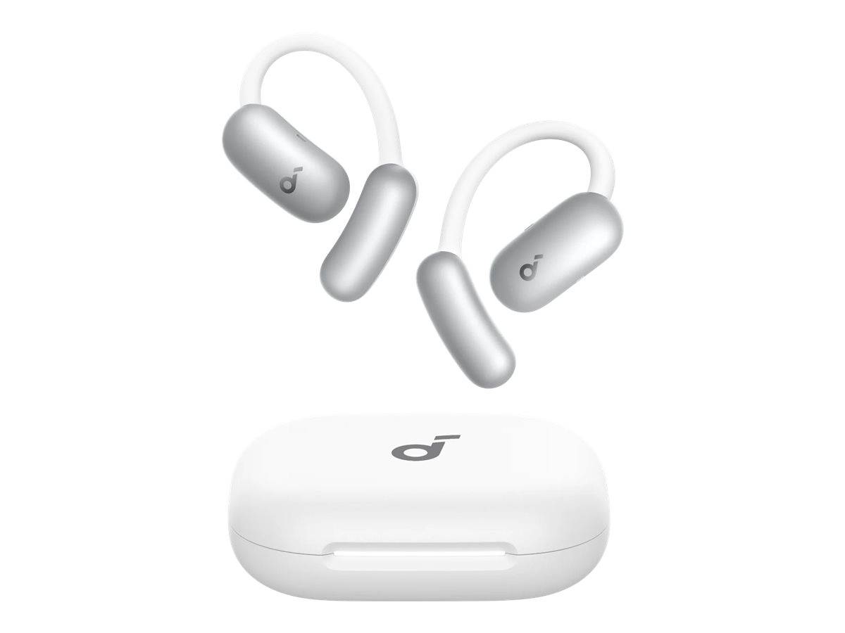 Weiße True-Wireless-Ohrhörer mit Ohrbügeln und einer passenden Ladestation, die ein schlankes, modernes Design aufweisen.