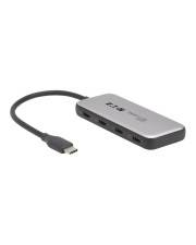 Ein kompakter silberner USB-C-Hub mit mehreren Anschlüssen, darunter HDMI, USB und Ethernet, entwickelt zum Anschluss verschiedener Geräte an Laptops.