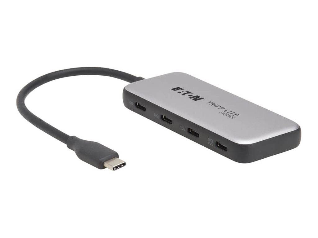 Ein silberner USB-C-Hub mit mehreren Anschlüssen, darunter USB, HDMI und SD-Kartensteckplätze, verbunden über ein kurzes Kabel.