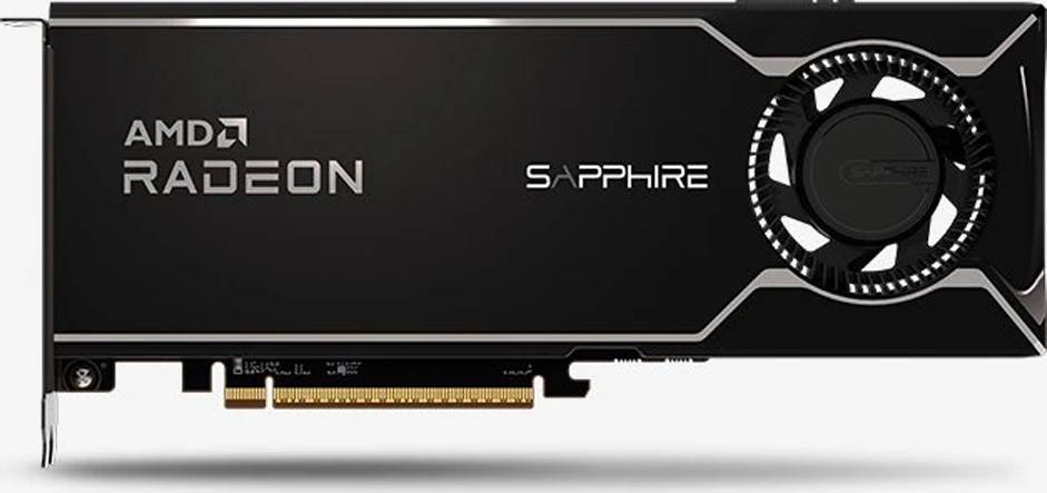 Eine Grafikkarte mit der Bezeichnung 'Sapphire Radeon' in Schwarz mit einem sichtbaren Kühlungslüfter auf der rechten Seite.