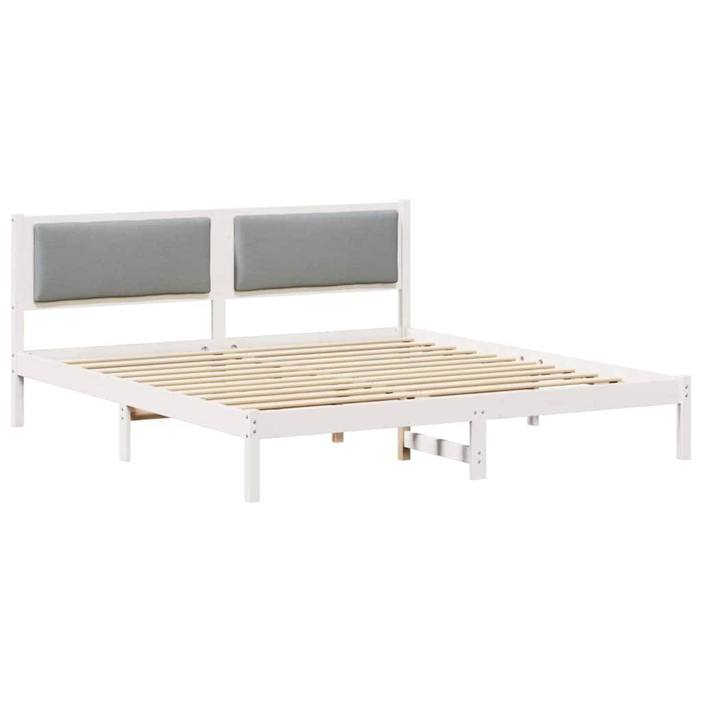 Weißer Holzbettrahmen mit Lattenrost und grauen gepolsterten Kopfteilen, geeignet für ein modernes Schlafzimmer.