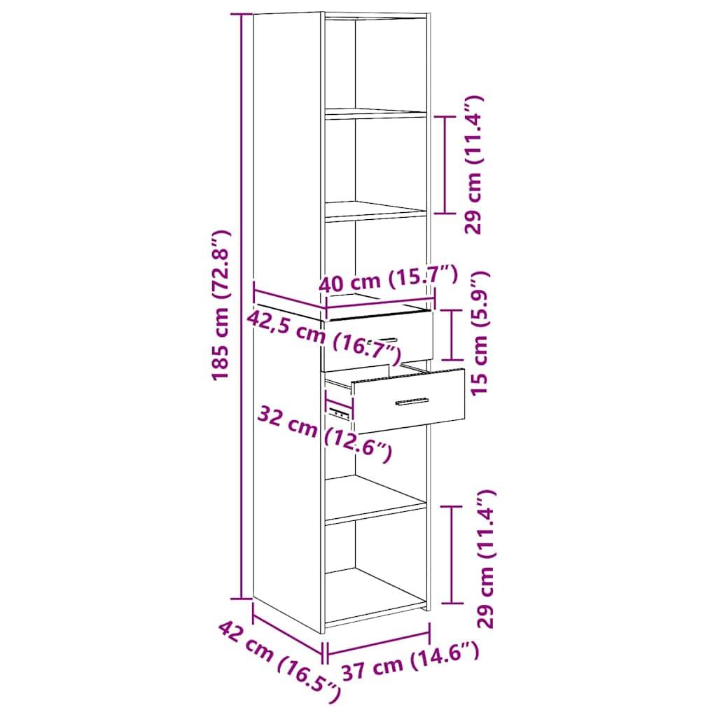 Hoher Schrank mit einer Höhe von 185 cm, Regalabständen von 42,5 cm, 32 cm und 29 cm, Schubladenhöhe von 15 cm und einer Gesamtbreite von 42 cm.