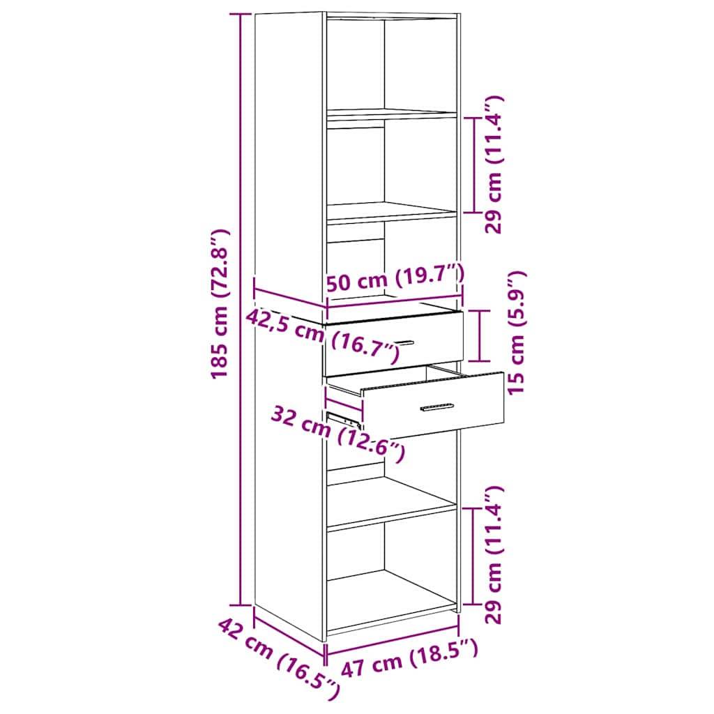 Hoher weißer Schrank mit offenen Regalen und einer Schublade, Abmessungen angegeben: 185 cm Höhe, 50 cm Breite, 42 cm Tiefe; Regalhöhen variieren.