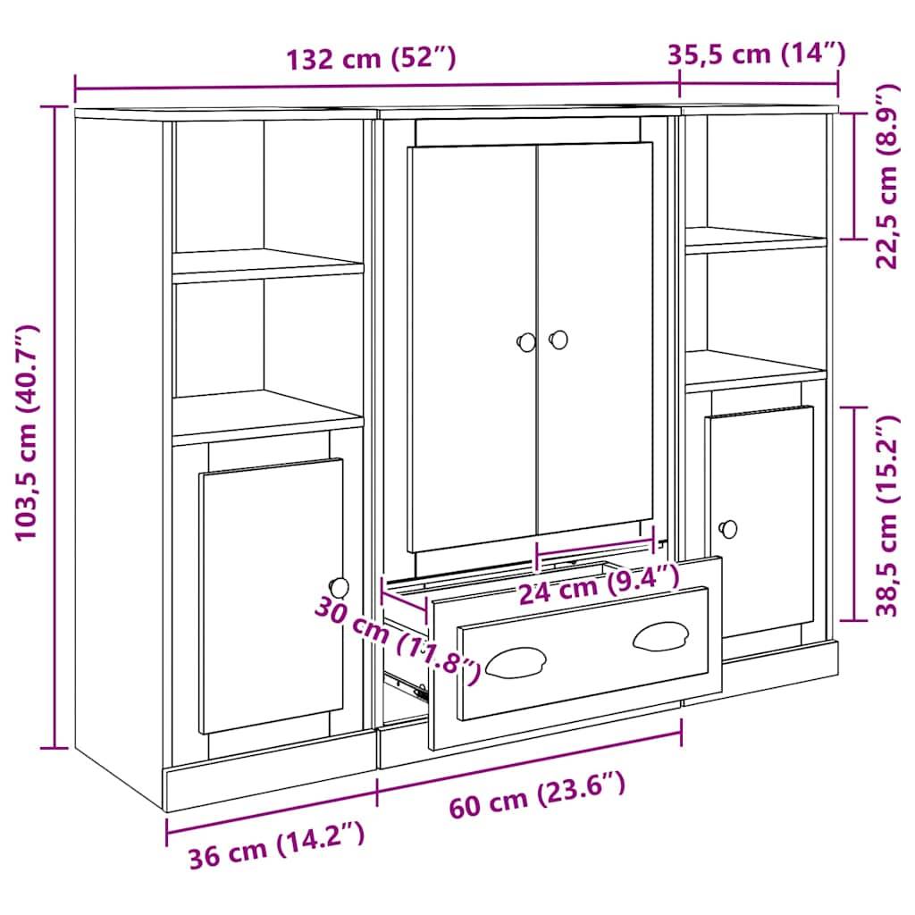 Technische Zeichnung eines Schranks mit markierten Abmessungen. Gesamtbreite: 132 cm (52
