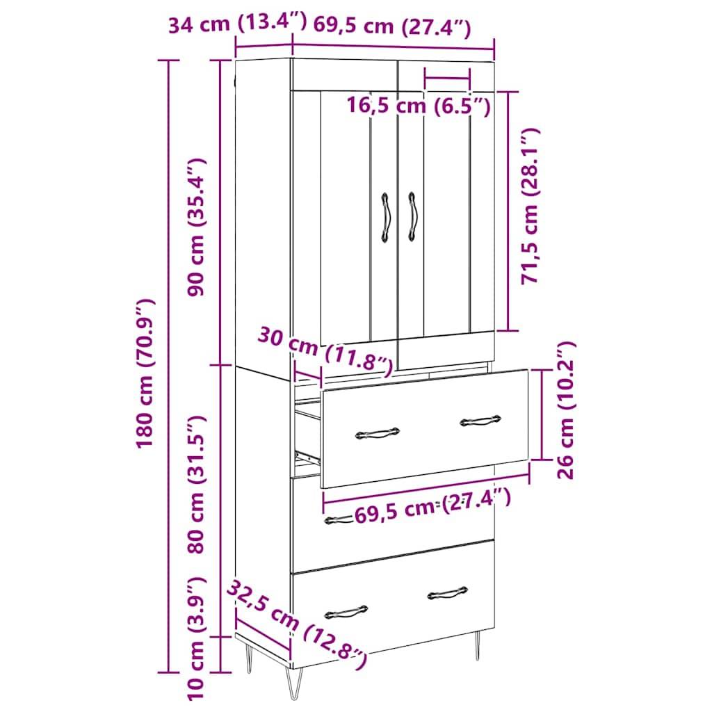 Ein Schrank mit festgelegten Abmessungen: Höhe 180 cm, Breite 80 cm. Ausgestattet mit zwei Türen und zwei Schubladen, mit detaillierten Dimensionen gekennzeichnet.