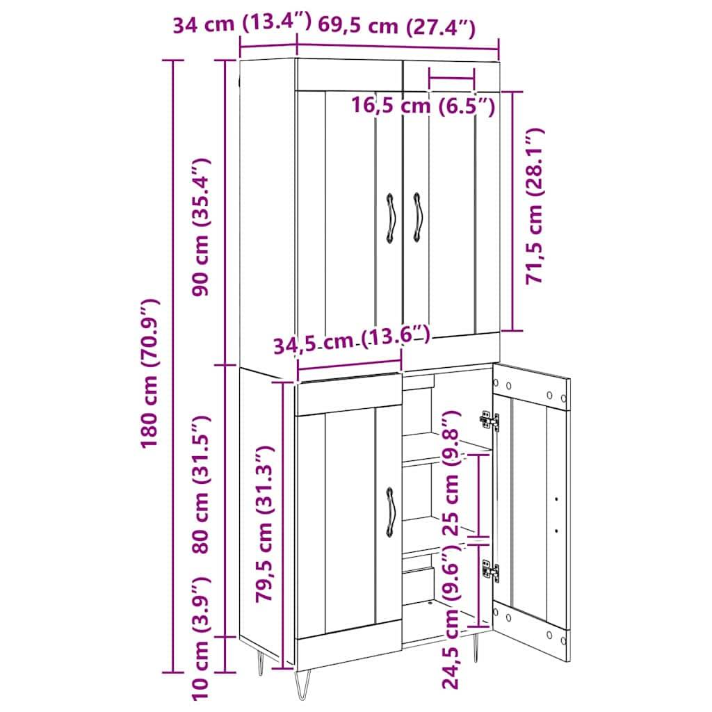 Schrank-Diagramm mit Maßangaben: Höhe 180 cm; Oberschrank 69,5 cm breit, 34 cm tief; Unterschrank 79,5 cm breit, 35,5 cm tief; Tür geöffnet.