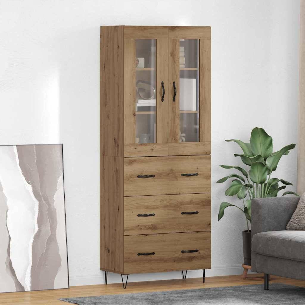 Hoher Holzschrank mit Glastüren, drei Schubladen darunter, neben einer Topfpflanze und abstraktem Kunstwerk an der Wand, in einem modernen Wohnzimmer.