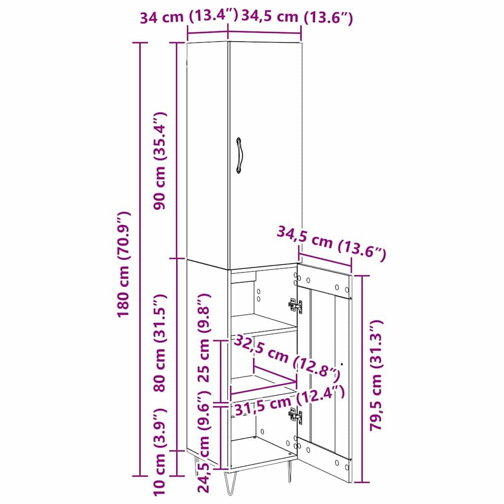 Großer Schrank mit Maßen: Höhe 180 cm oder 70,9 Zoll, Breite 34,5 cm oder 13,6 Zoll. Enthält zwei Türen und zwei Einlegeböden.