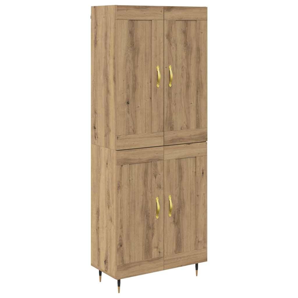 Hoher Holzschrank mit vier Türen und Goldgriffen, mit natürlicher Oberfläche und stehend auf schwarzen konischen Beinen.