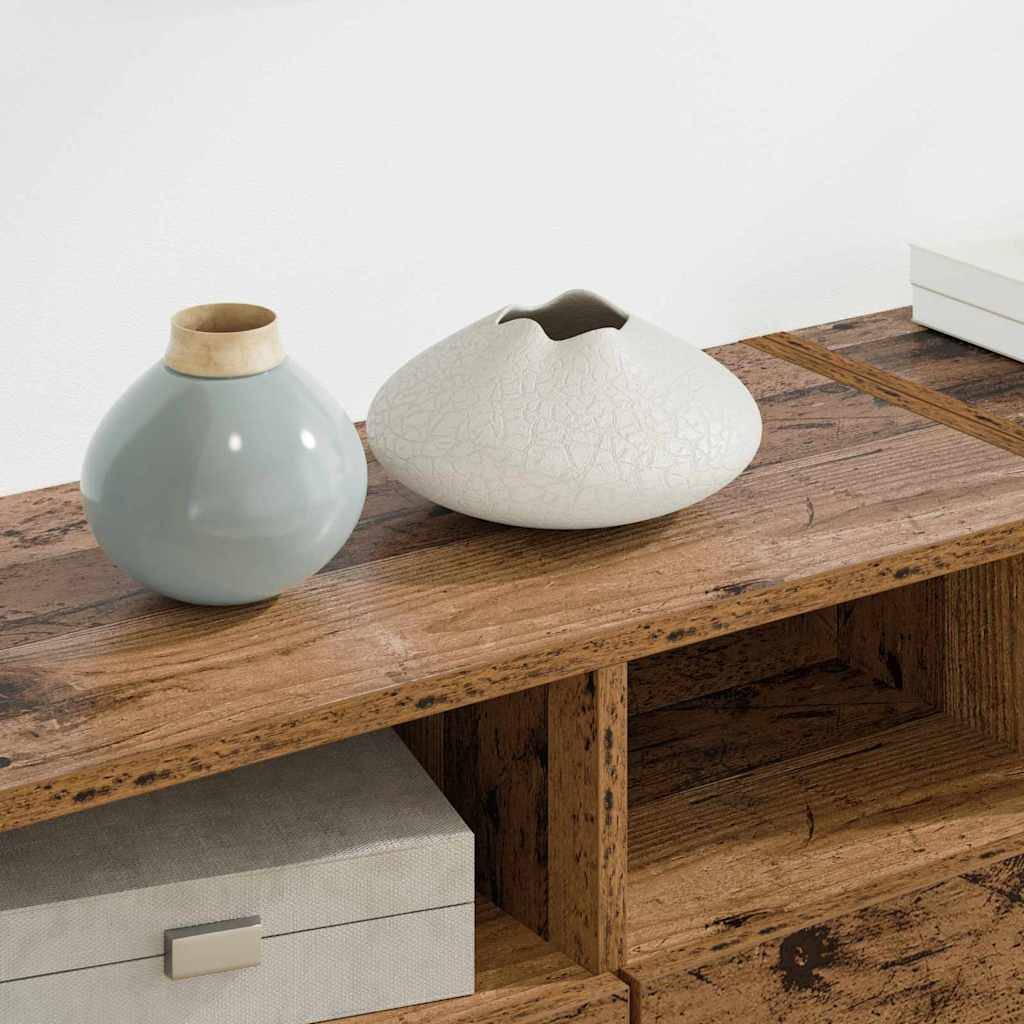 Holzregal mit zwei kugeligen Vasen: eine glänzend blaue mit schmalem Hals und eine weiße mit Craquelé-Textur. Rechteckige Box darunter.