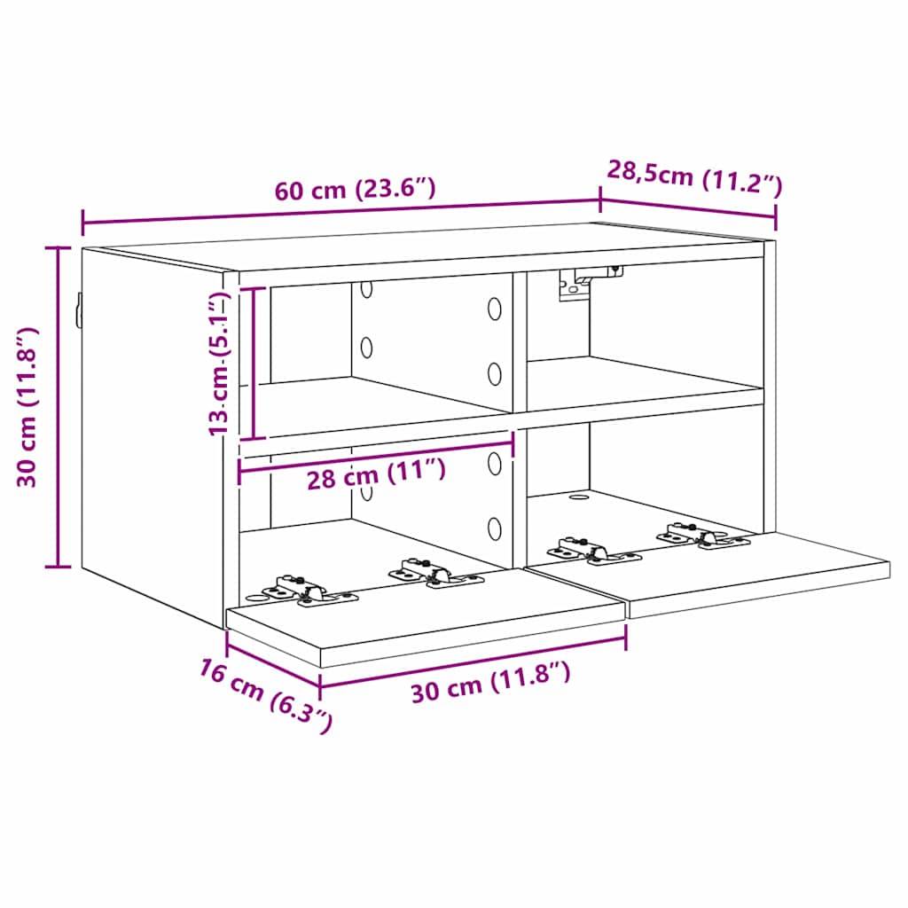 Diagramm eines rechteckigen Regals mit Abmessungen: 60 cm breit, 30 cm hoch und 16 cm tief. Ausgestattet mit zwei Einlegeböden und Klapptüren.