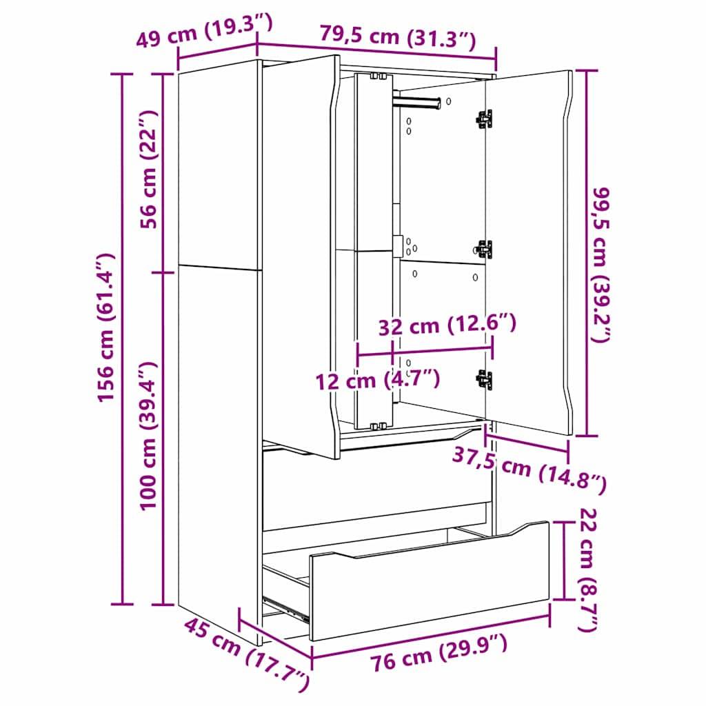 Diagramm eines offenen Kleiderschranks mit Maßangaben in Zentimetern und Zoll. Wichtigste Merkmale sind Regale, eine Kleiderstange und eine Schublade.