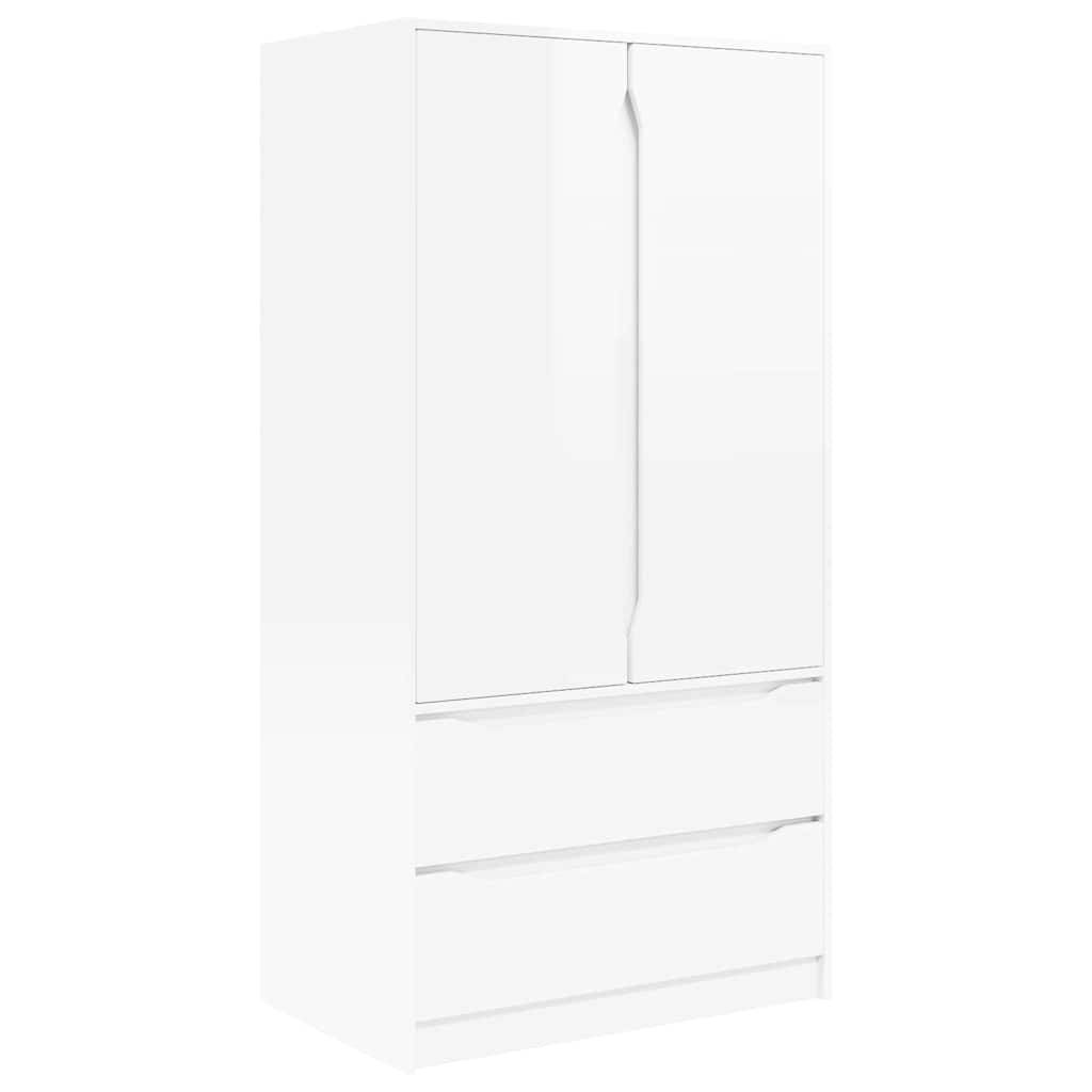 Ein hoher, weißer Kleiderschrank mit zwei Türen oben und zwei Schubladen darunter, ausgestattet mit schlichten Griffen und einem minimalistischen Design.