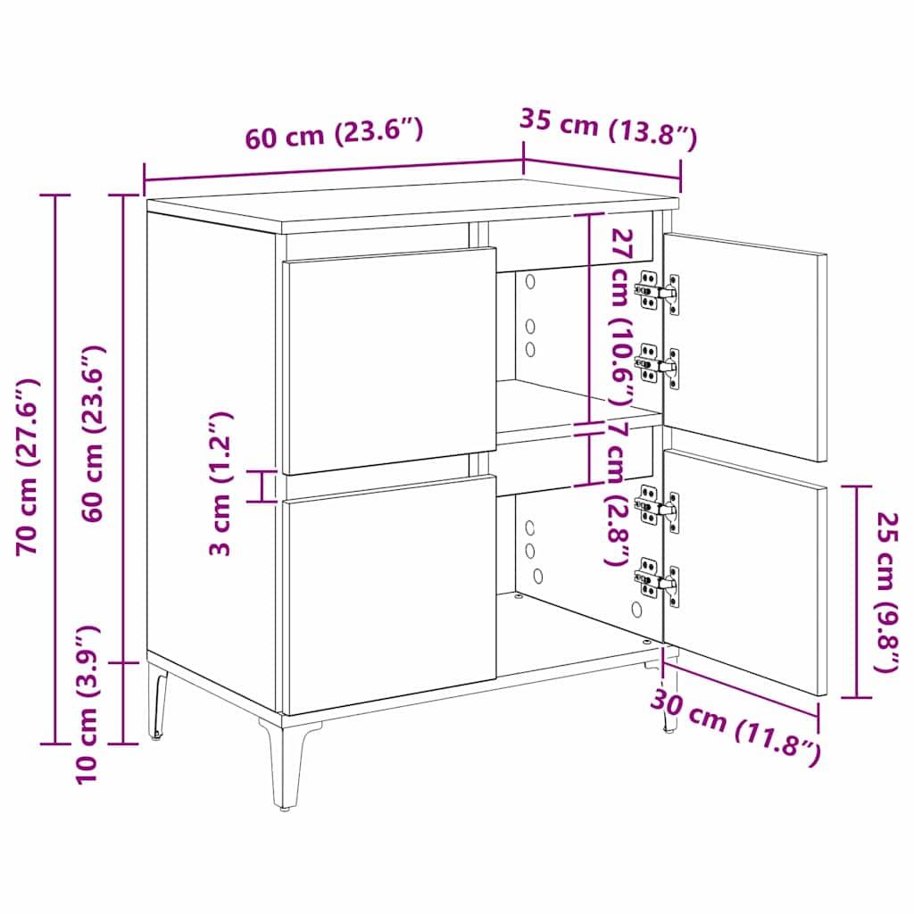 Schrankabmessungen bei geöffneten Türen: Höhe 70 cm, Breite 60 cm und Tiefe 35 cm. Beinhaltet Innenregale und Fächer.
