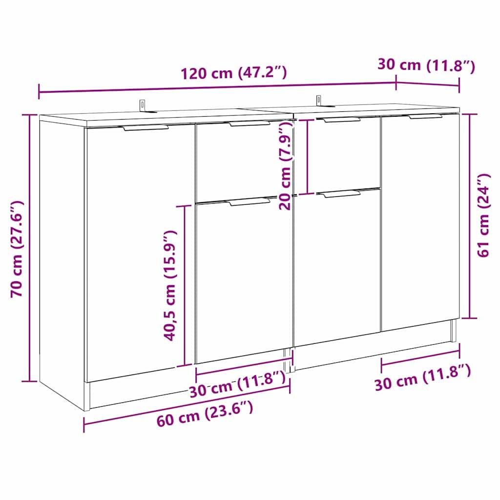 Eine Linienzeichnung eines Schranks mit beschrifteten Abmessungen: Höhe 70 cm, Tiefe 30 cm, Breite 120 cm; Türen messen 20-40,5 cm.