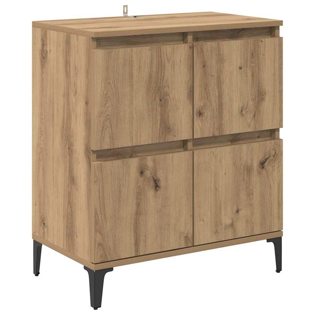 Holzschrank mit vier Türen und dunklen Metallfüßen, mit einer natürlichen Holzmaserung und rechteckiger Form.