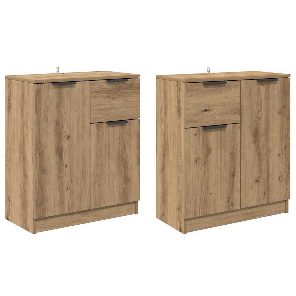 Zwei Holzschränke mit natürlicher Oberfläche, jeweils mit zwei Türen und einer Schublade oben, konzipiert für die Aufbewahrung im Haus oder Büro.