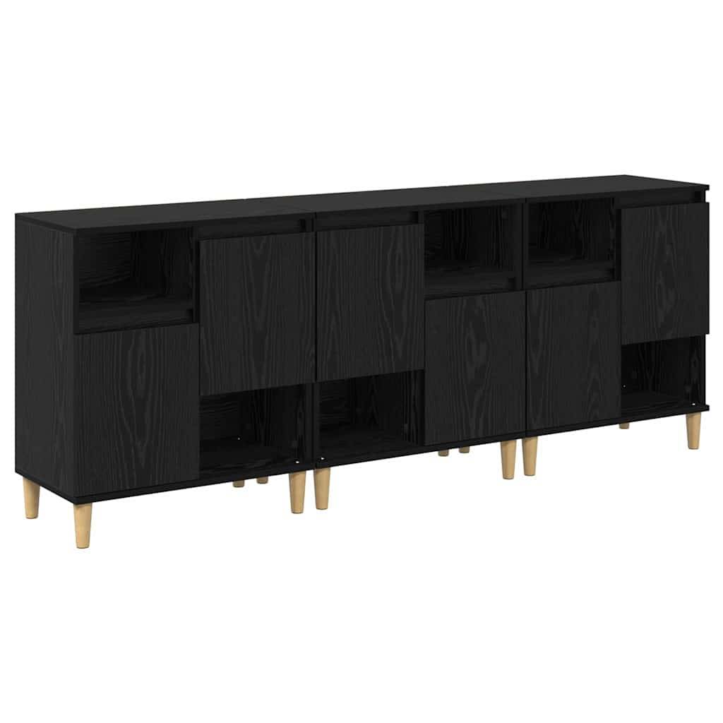 Schwarzes Holz-Sideboard mit mehreren offenen und geschlossenen Stauraummöglichkeiten und hellen Holzbeinen.