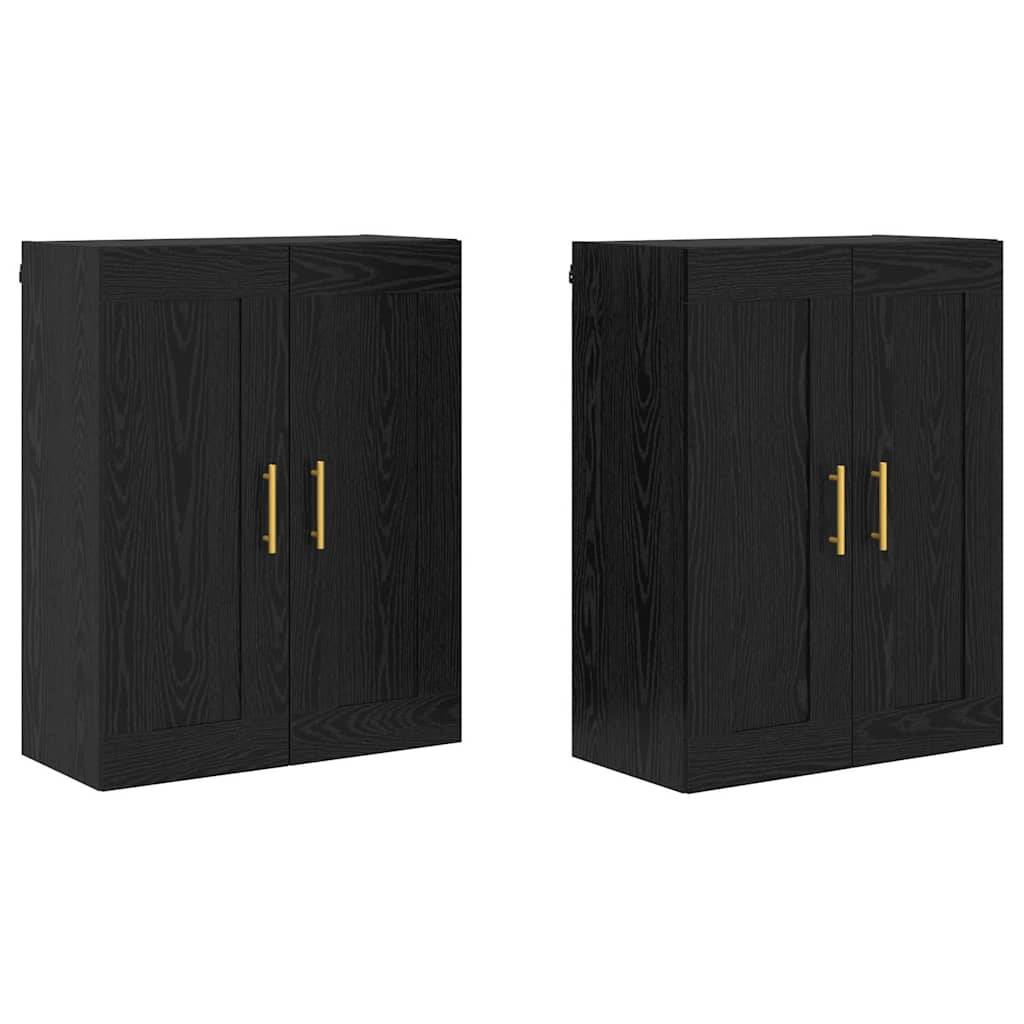 Zwei identische schwarze Wandschränke mit Goldgriffen, mit einem eleganten und modernen Design, das sich für den Heim- oder Bürogebrauch eignet.