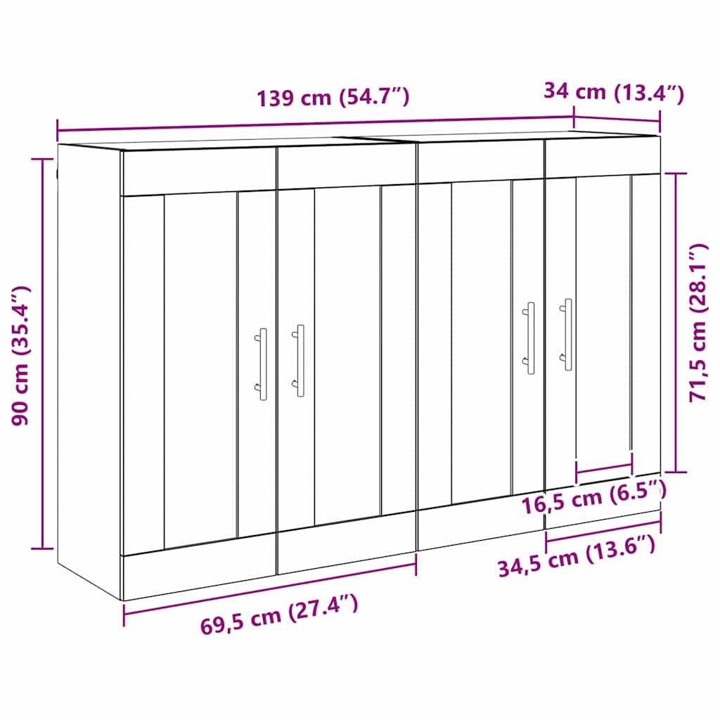 Ein Holzgarderobenschrank mit Abmessungen: 139 cm breit, 90 cm hoch, 34 cm tief, drei Fächer, jeweils mit angegebenen Türmaßen.