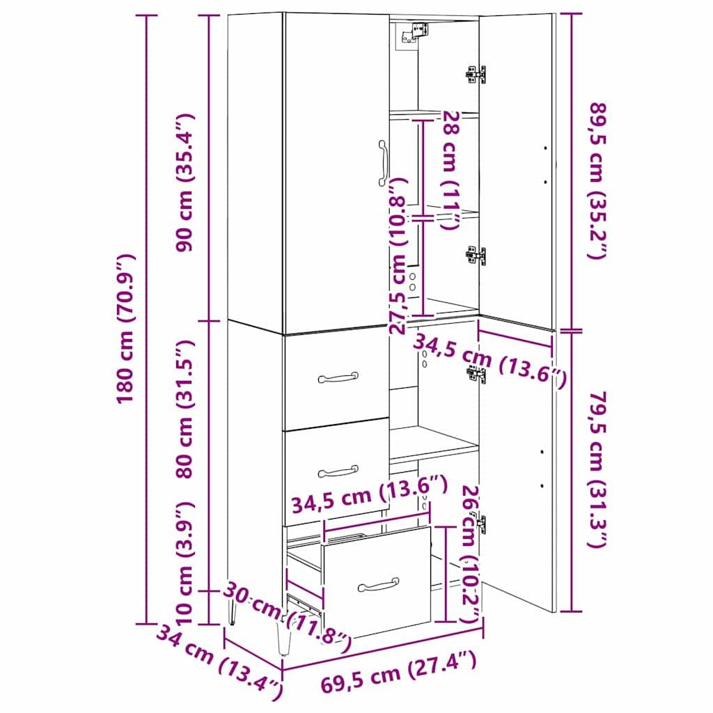 vidaXL Highboard Wandmontiert Altholz 69,5 x 34 x 180 cm Holzwerkstoff