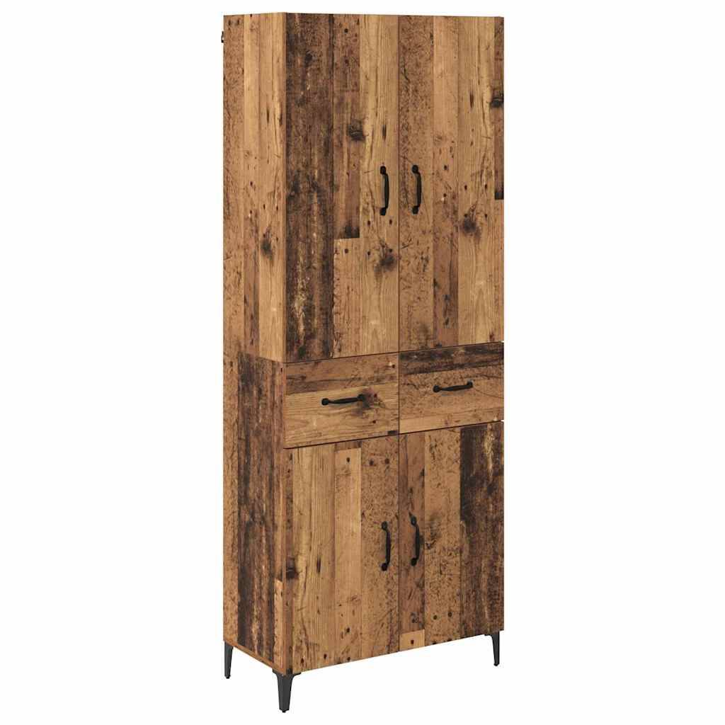 Hoher Holzschrank mit rustikaler Oberfläche, ausgestattet mit zwei oberen und zwei unteren Türen sowie zwei mittleren Schubladen. Schwarze Metallgriffe.