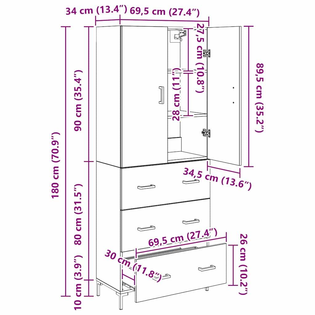 Hoher Schrank mit offenen Türen und Schubladen, beschriftete Abmessungen: Höhe 180 cm, Breite 69,5 cm, Tiefe 34 cm. Regale messen 27,5 cm und 28 cm.