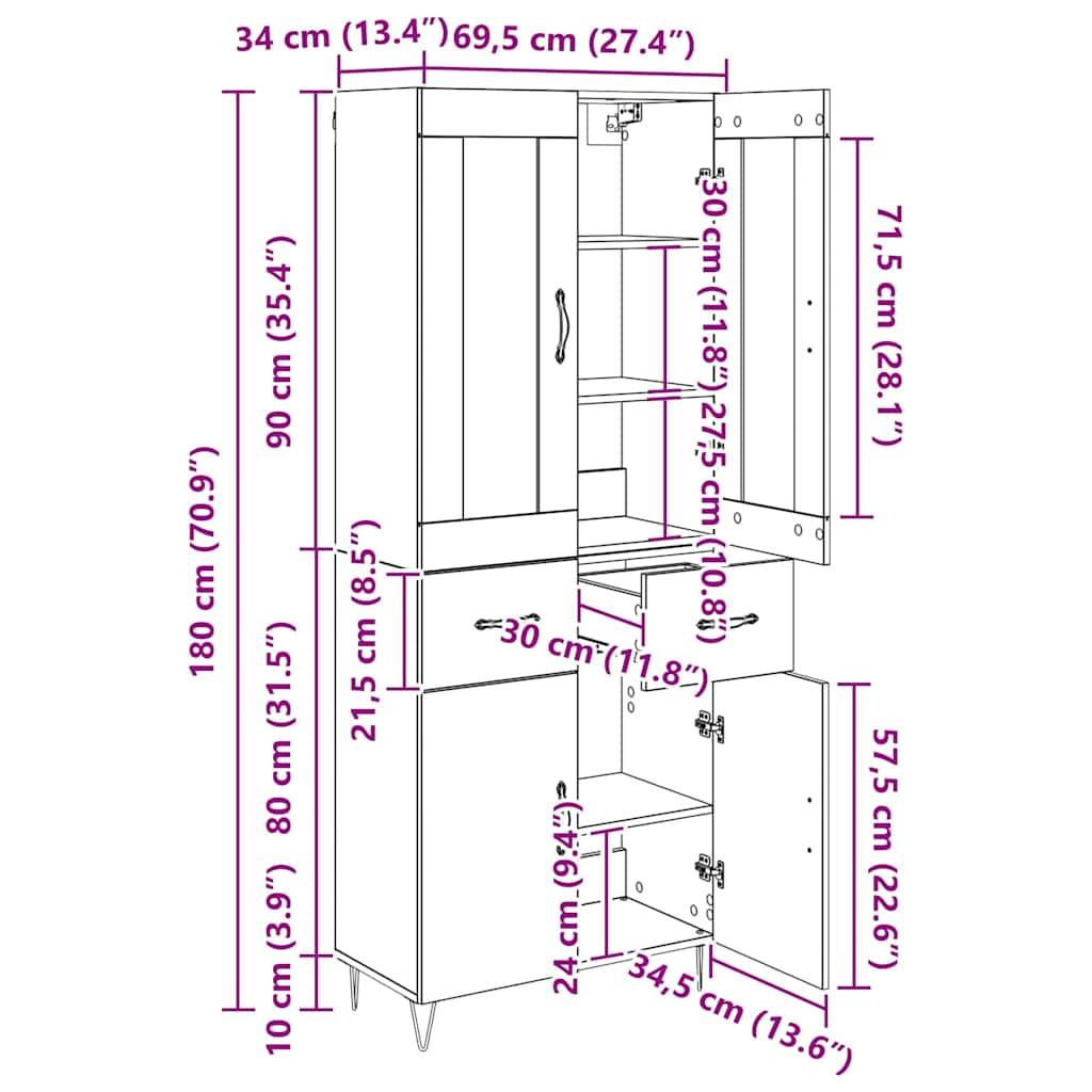 Maße des hohen Küchenschranks: Höhe 180 cm, Breite 69,5 cm, Tiefe 34 cm, mit mehreren Regalen und Fächern.
