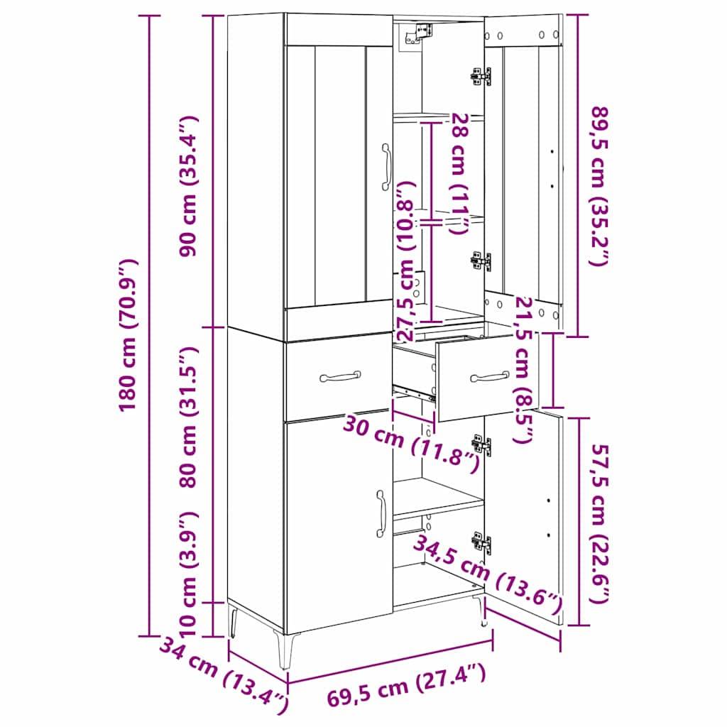 Schrank-Diagramm mit verschiedenen Maßen: Höhe 180 cm, Breite 69,5 cm. Regale, Schubladen und Türen detailliert mit Abmessungen in cm.