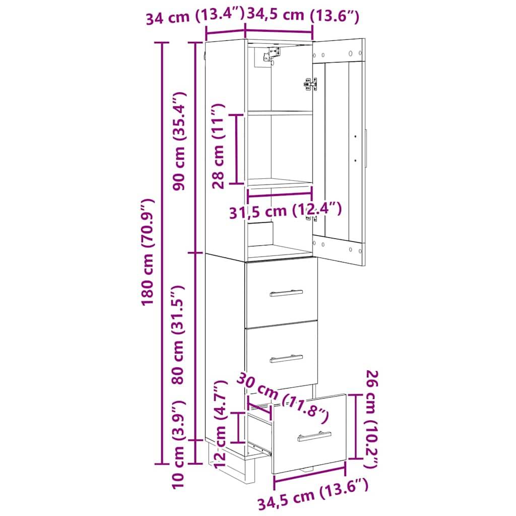 Hoher Schrank mit Regalen, Schubladen und einer Spiegeltür. Abmessungen: 180 cm Höhe, 34-34,5 cm Tiefe und verschiedene Höhen für die Abschnitte.